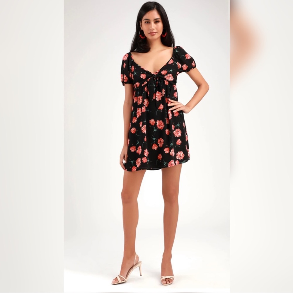 Black floral print tie front mini dress